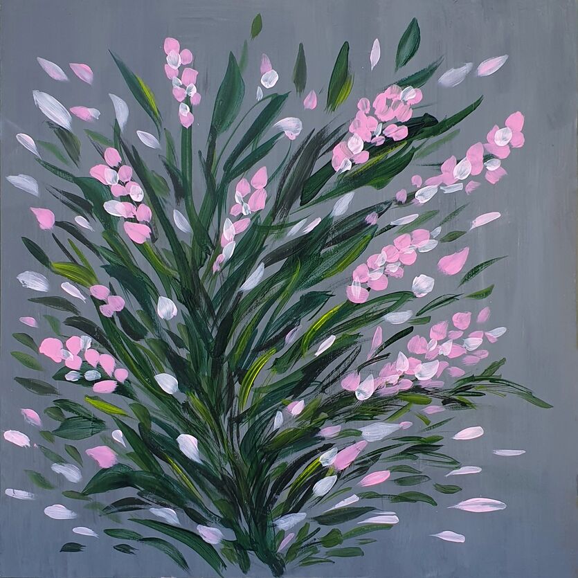 Pink flowers on gray